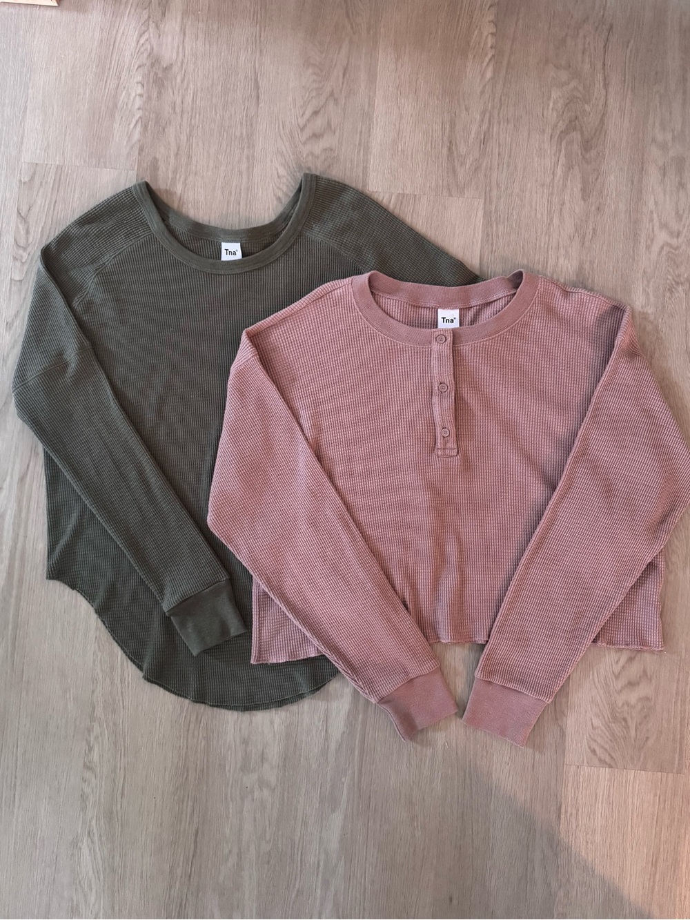 TNA Green Crewneck & Pink Henley Waffle-Knit Long Sleeves